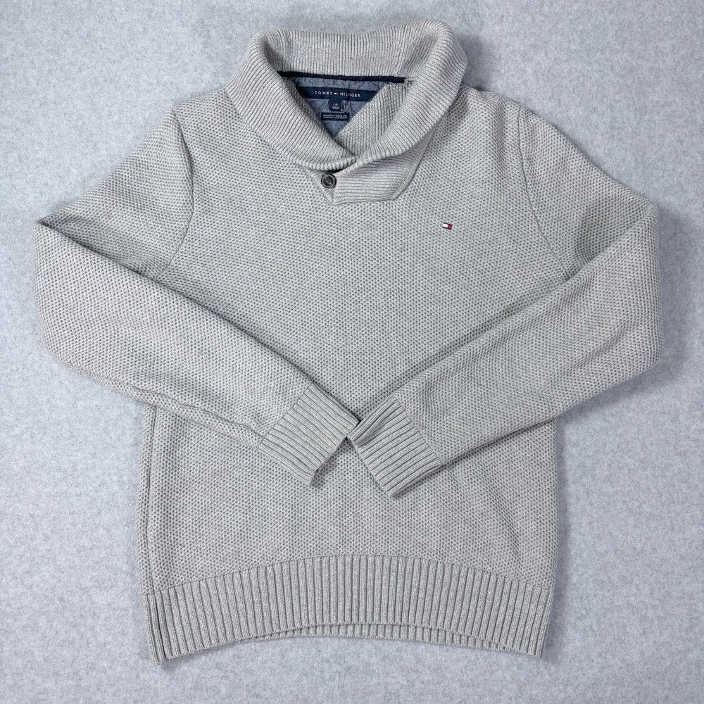 Tommy Hilfiger Mens Gray Pima Cotton Merino Wool Shawl Collar Sweater Large